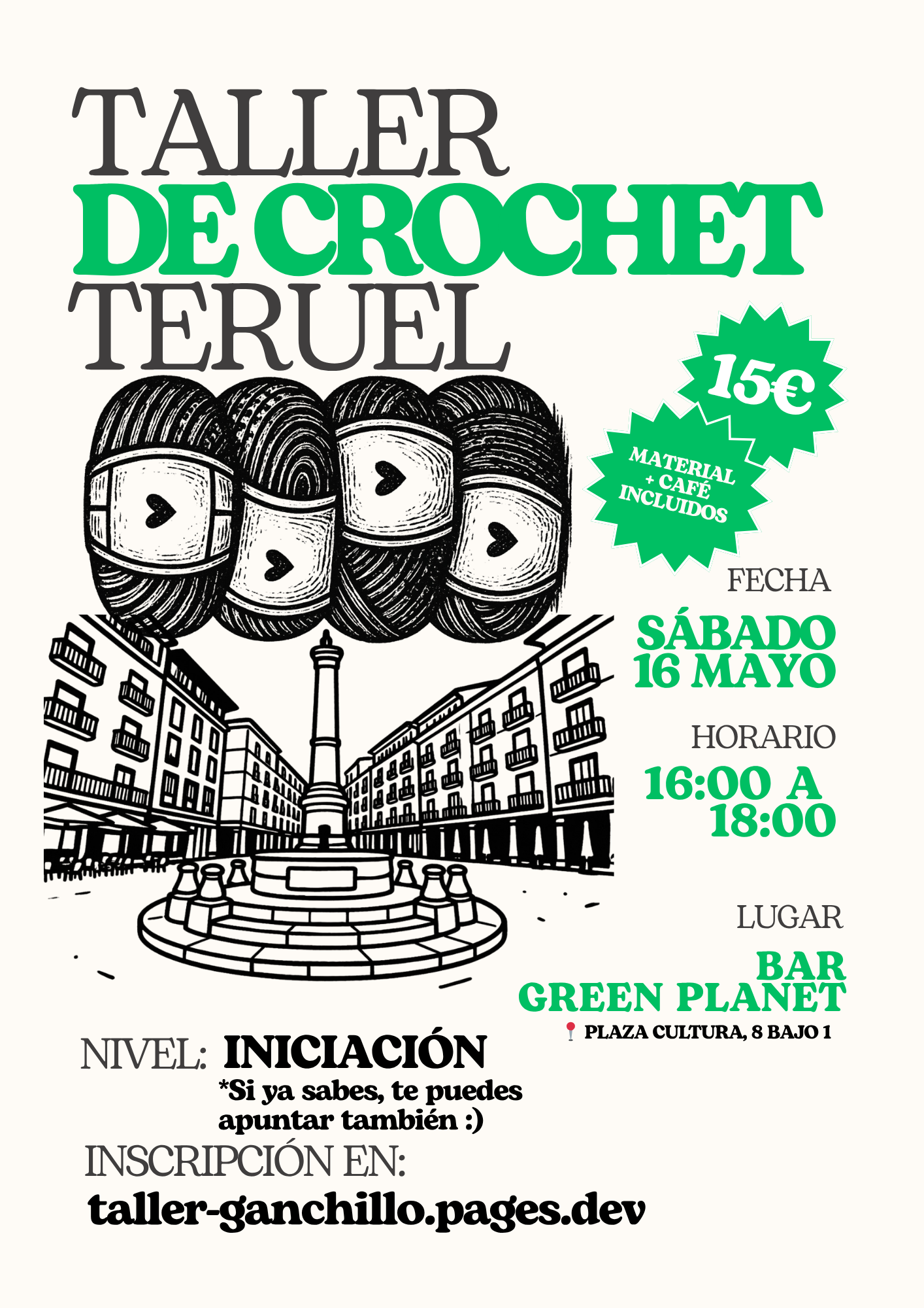 Cartel del taller de ganchillo en Teruel, 16 de mayo de 2026