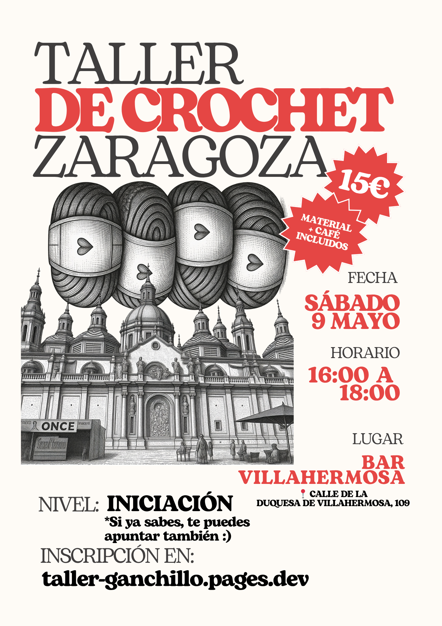 Cartel del taller de ganchillo en Zaragoza, 9 de mayo de 2026